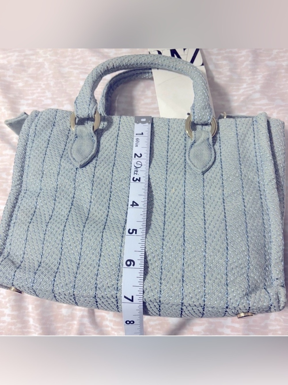 ZARA Light Blue Small Satchel Top Handle Zip Bag Gold Hardware Detachable Strap - Picture 11 of 12